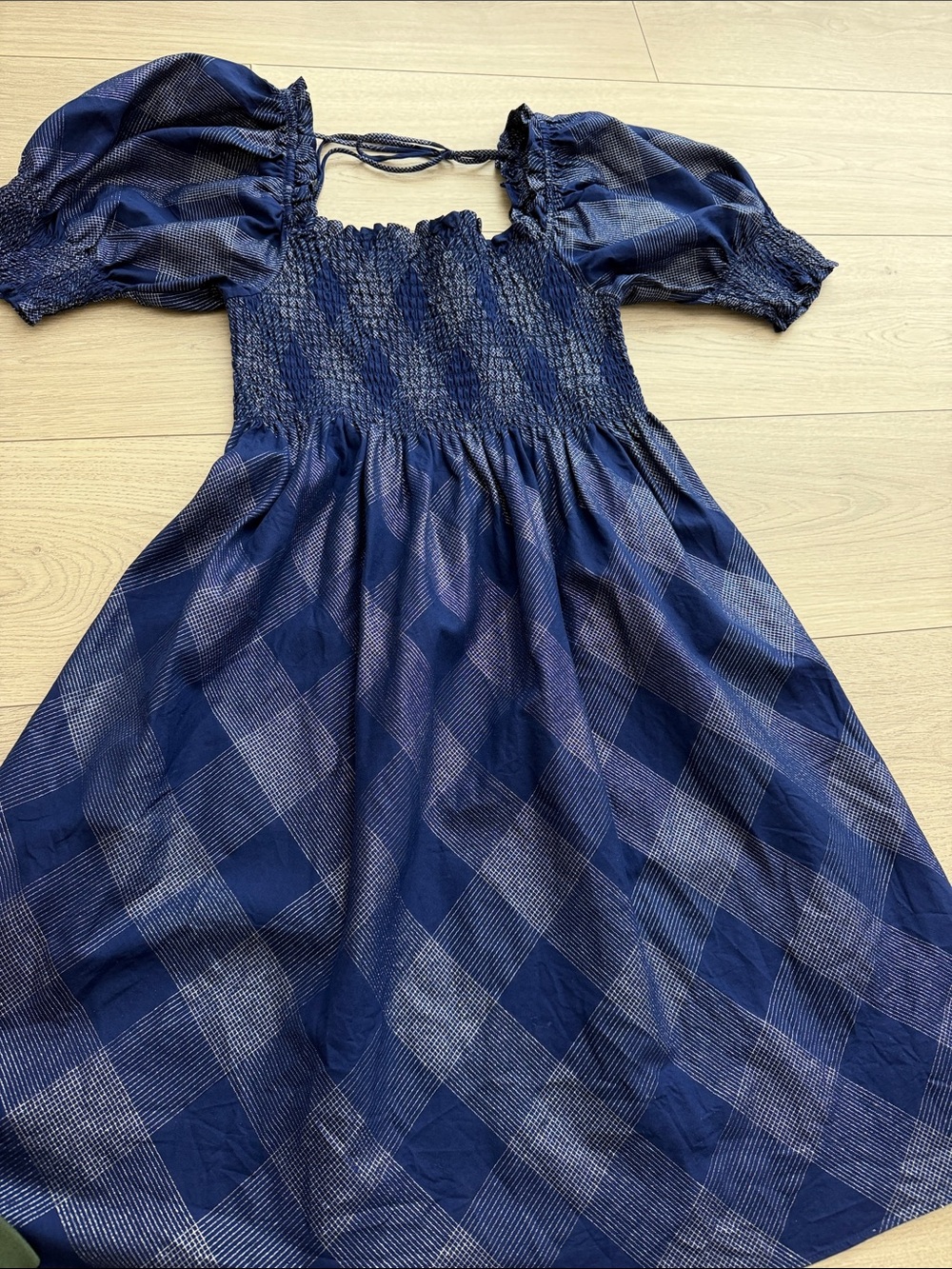 Hill House Navy Smocked Puff Sleeve Dress with Plaid Detail